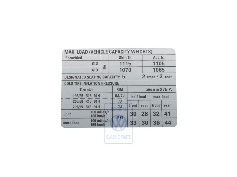 VW Original Adhesivo P. Presion Neumaticos - 3B0010275A