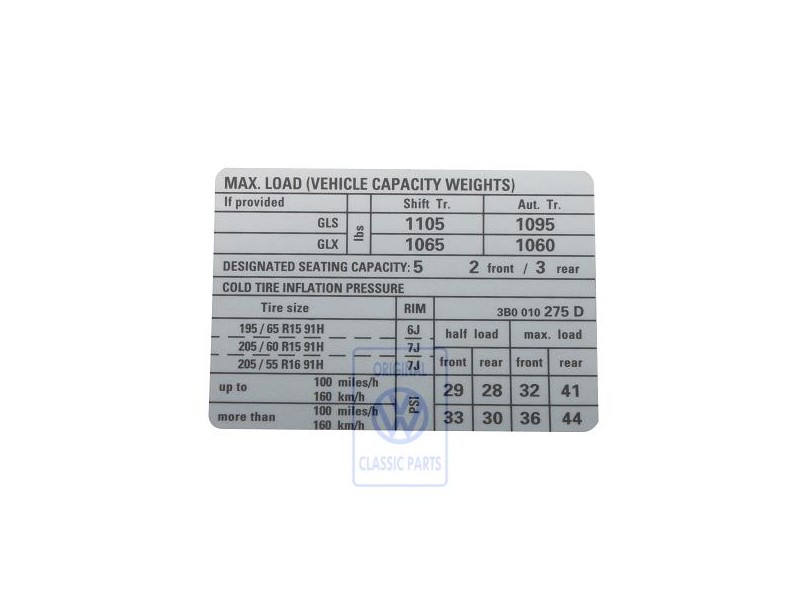 VW Original Adhesivo P. Presion Neumaticos - 3B0010275D