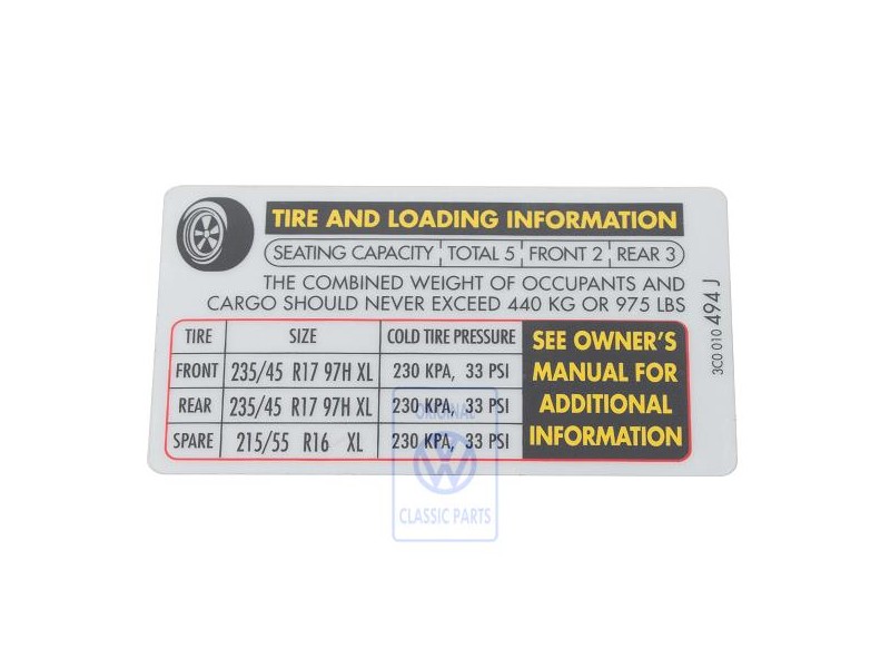VW Original Adhesivo P. Presion Neumaticos - 3C0010494J