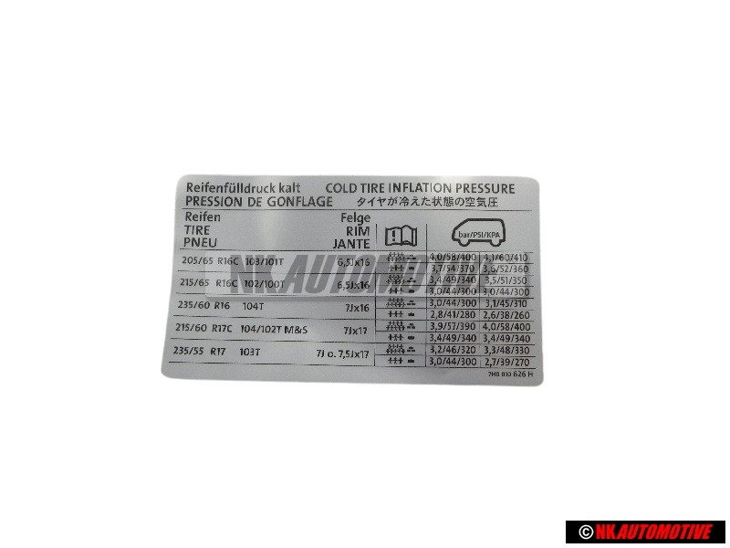 VW Original Adhesivo P. Presion Neumaticos - 7H0010626H