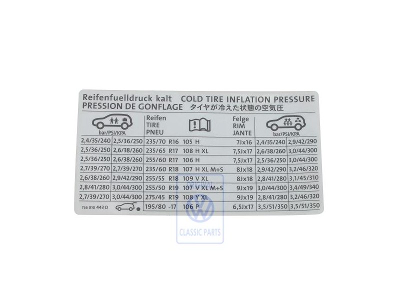 VW Original Adhesivo P. Presion Neumaticos - 7L6010443D
