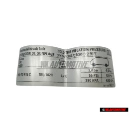 VW Original Placa De Identificacion Presion Neumatico Frio - 701010082P