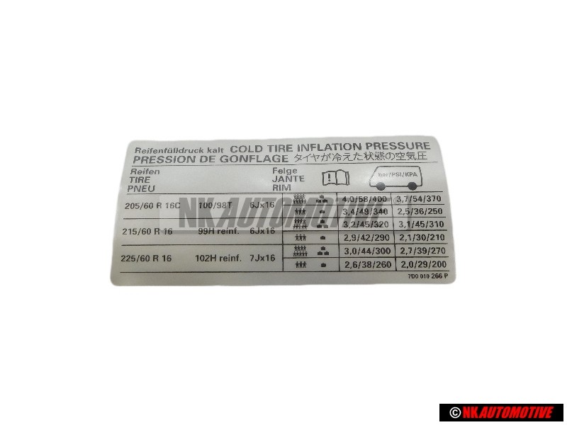 VW Original Adhesivo P. Presion Neumaticos - 7D0010266P
