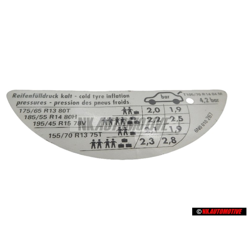 VW Original Adhesivo P. Presion Neumaticos - 6N0010267