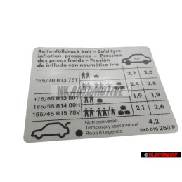 VW Original Adhesivo P. Presion Neumaticos - 6X0010260P