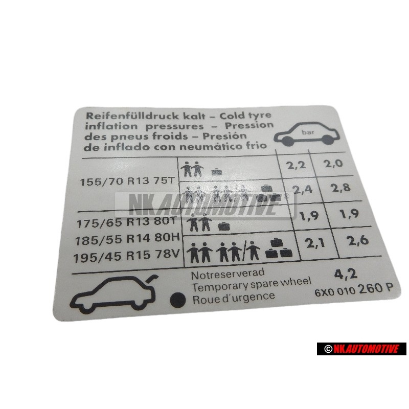 VW Original Adhesivo P. Presion Neumaticos - 6X0010260P