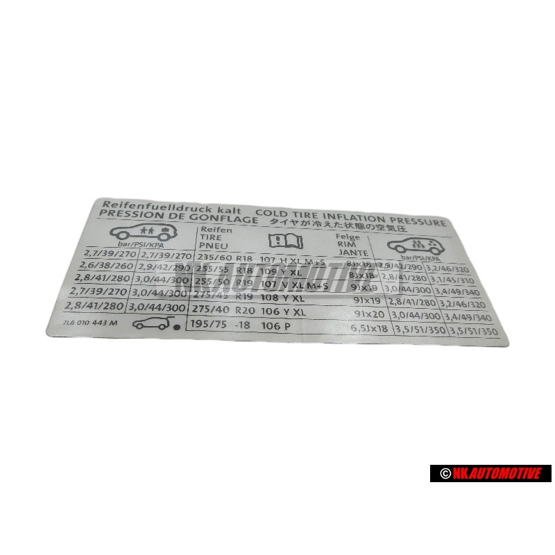 VW Original Adhesivo P. Presion Neumaticos - 7L6010443M