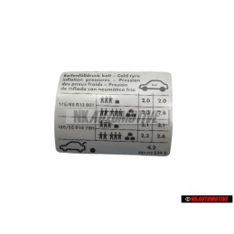 VW Original Placa De Identificacion Presion Neumatico Frio - 6X0010234S