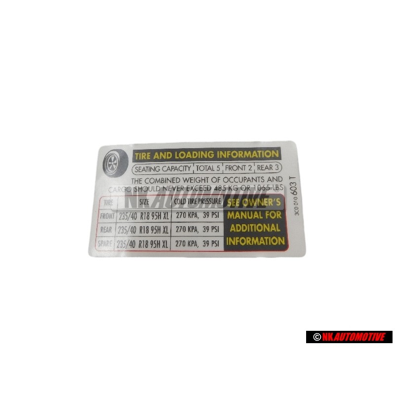 VW Original Adhesivo P. Presion Neumaticos - 3C0010603T
