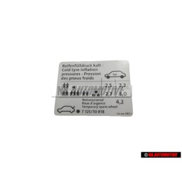 VW Original Placa De Identificacion Presion Neumatico Frio - 1T0010343J
