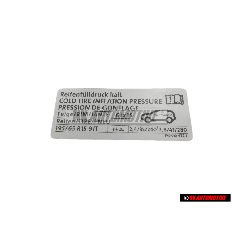 VW Original Adhesivo P. Presion Neumaticos - 2K0010422J