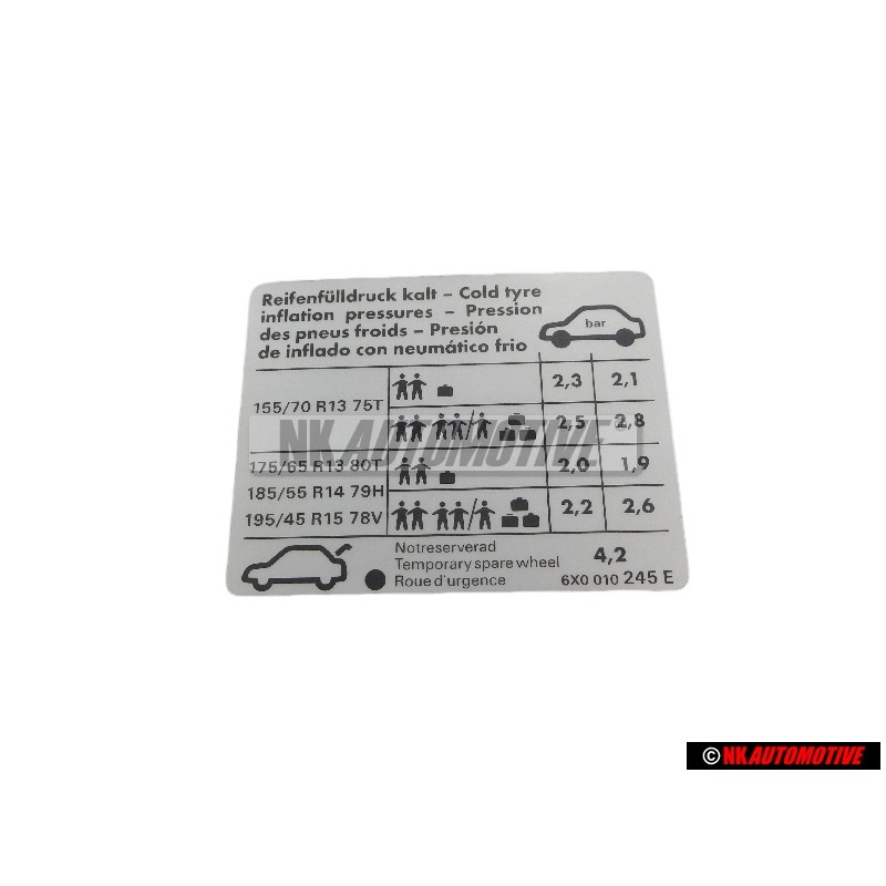 VW Original Adhesivo P. Presion Neumaticos - 6X0010245E