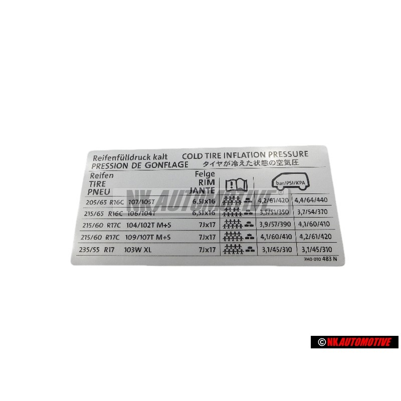 VW Original Adhesivo P. Presion Neumaticos - 7H0010483N