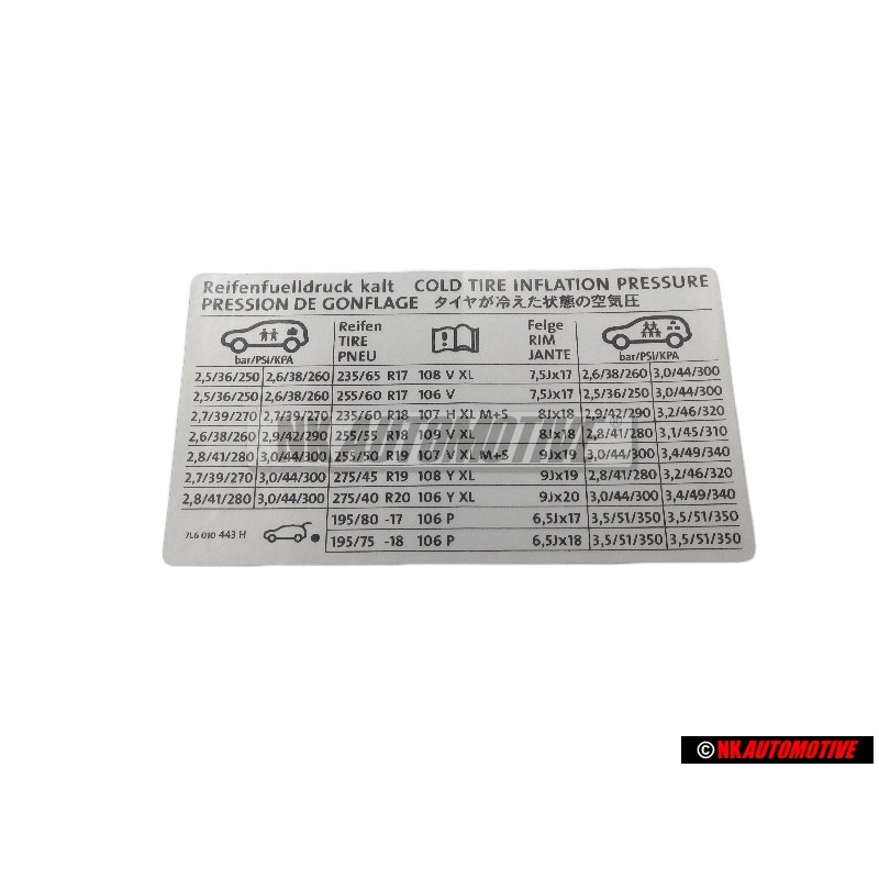VW Original Adhesivo P. Presion Neumaticos - 7L6010443H