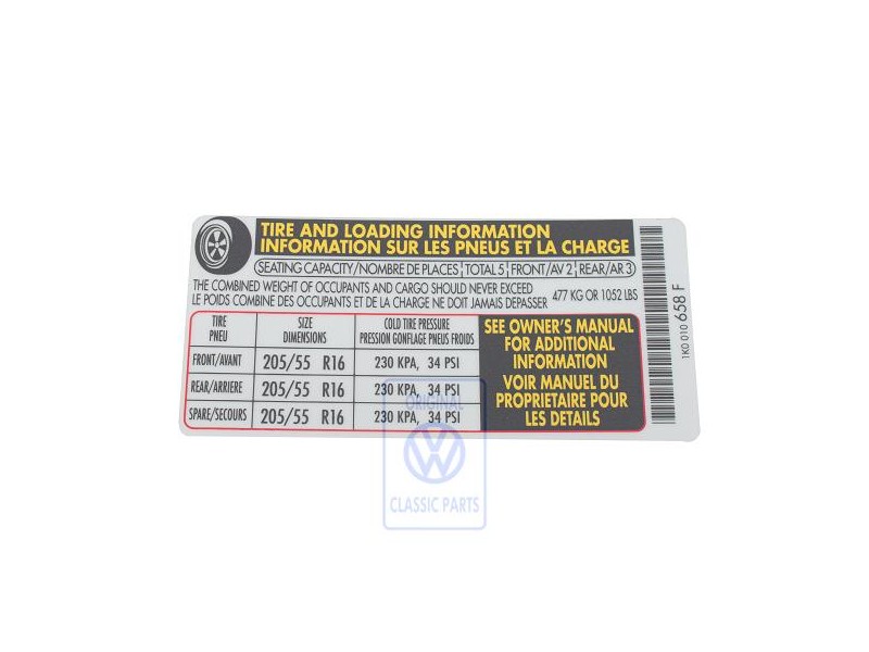 VW Original Adhesivo P. Presion Neumaticos - 1K0010658F